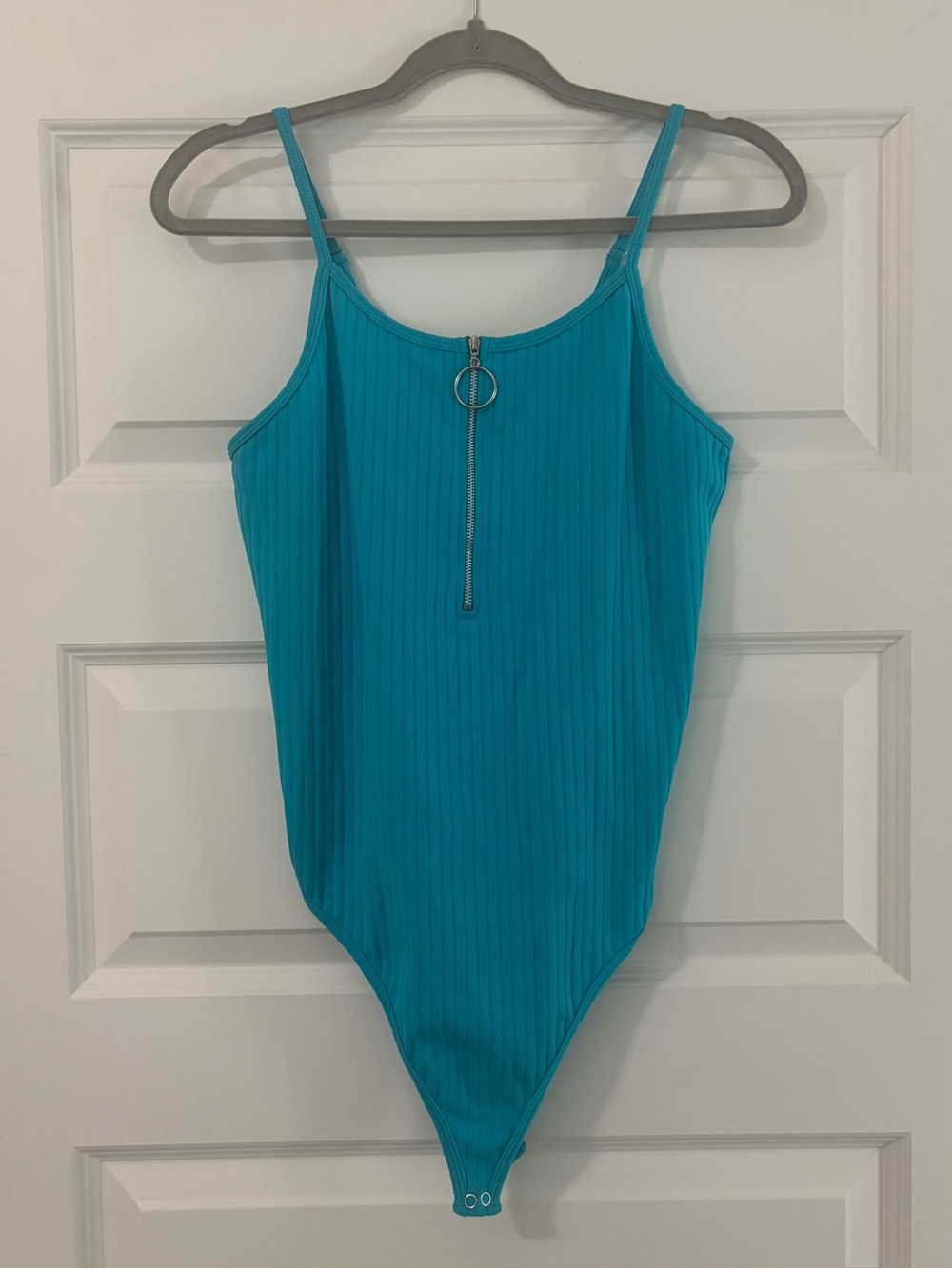Teal Ribbed One-Piece Bodysuit with Front Zip